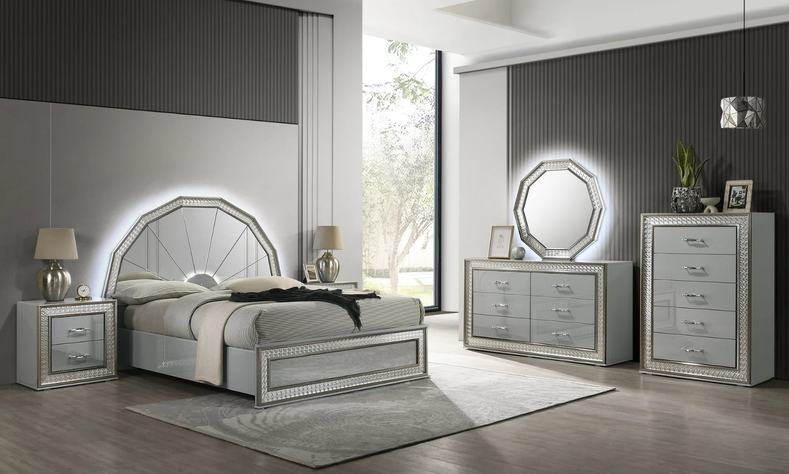 NEW 5PC LED Gloss Silver Queen King Gray Modern Mirrored Bedroom Set Bed/D/M/N/C