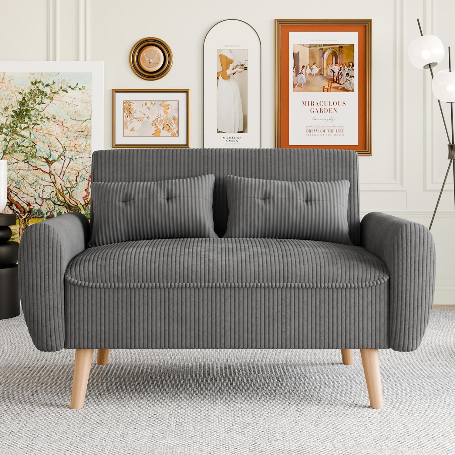 Vongrasig 48″ Small Modern Loveseat Sofa, Mid Century Soft Corduroy Fabric 2-Sea