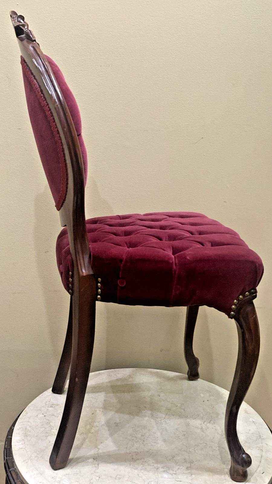 Vintage Tufted Red Velvet Victorian Parlor Chair Carved Mahogany Accent Chair