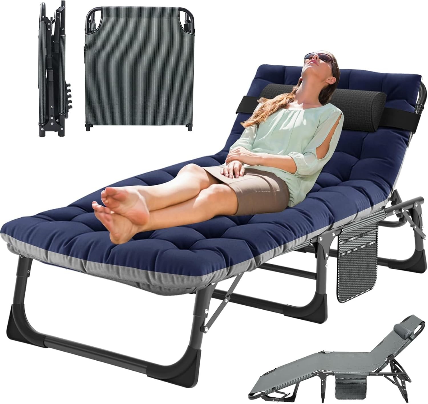 NAIZEA Camping Cot 4 Gears Adjustable Folding Chaise Chair Bed w/Mattress Pillow