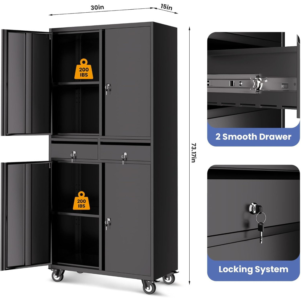 Metal Storage Cabinet Heavy Duty Garage Storage + Wheels Locking Doors & Drawers