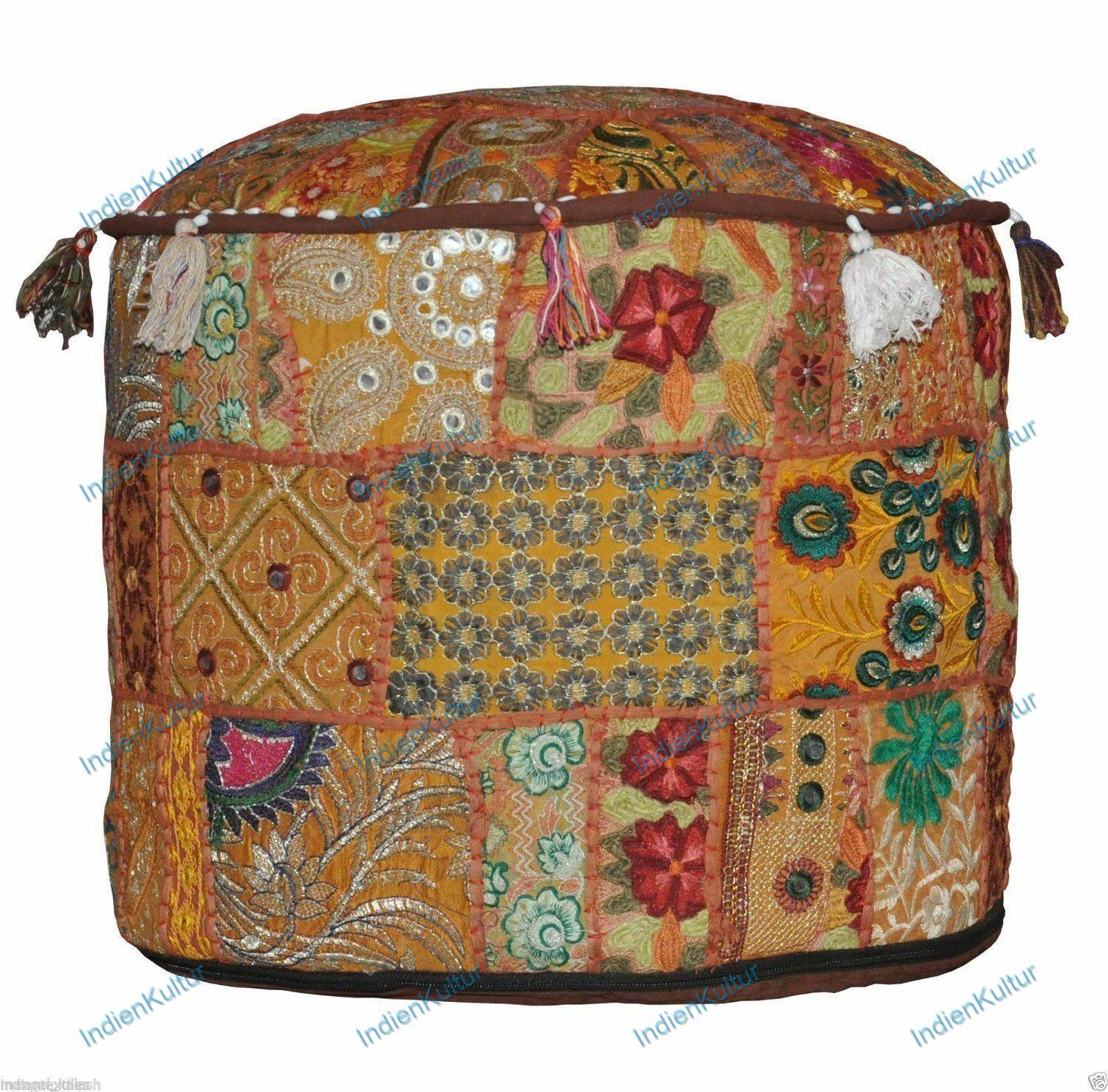 Embroidered Vintage Floral Ottoman Pouf Comfortable Cotton Footstool Decor