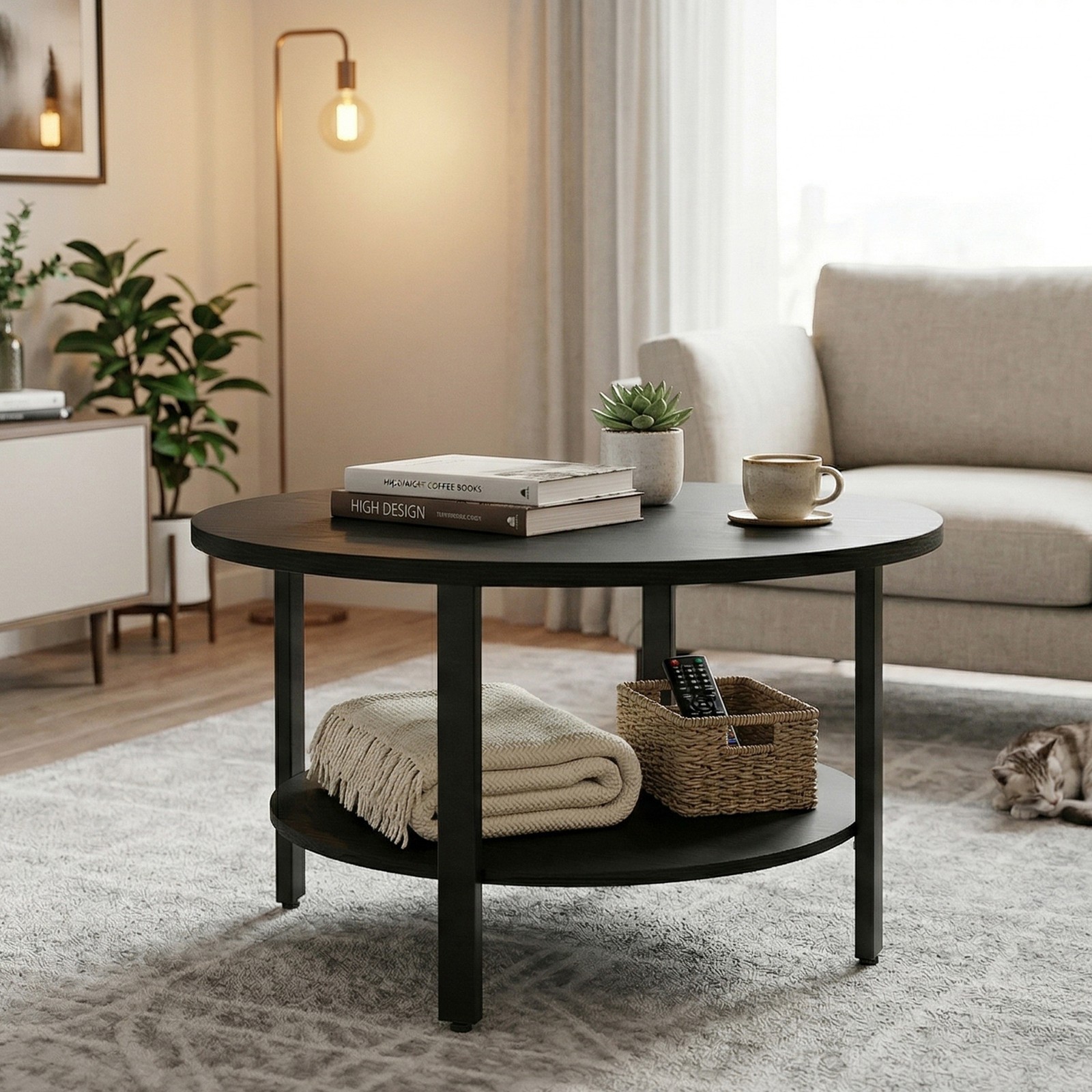 31.5in Round Coffee Table 2-Tier Storage Industrial Particle Board Steel Frame