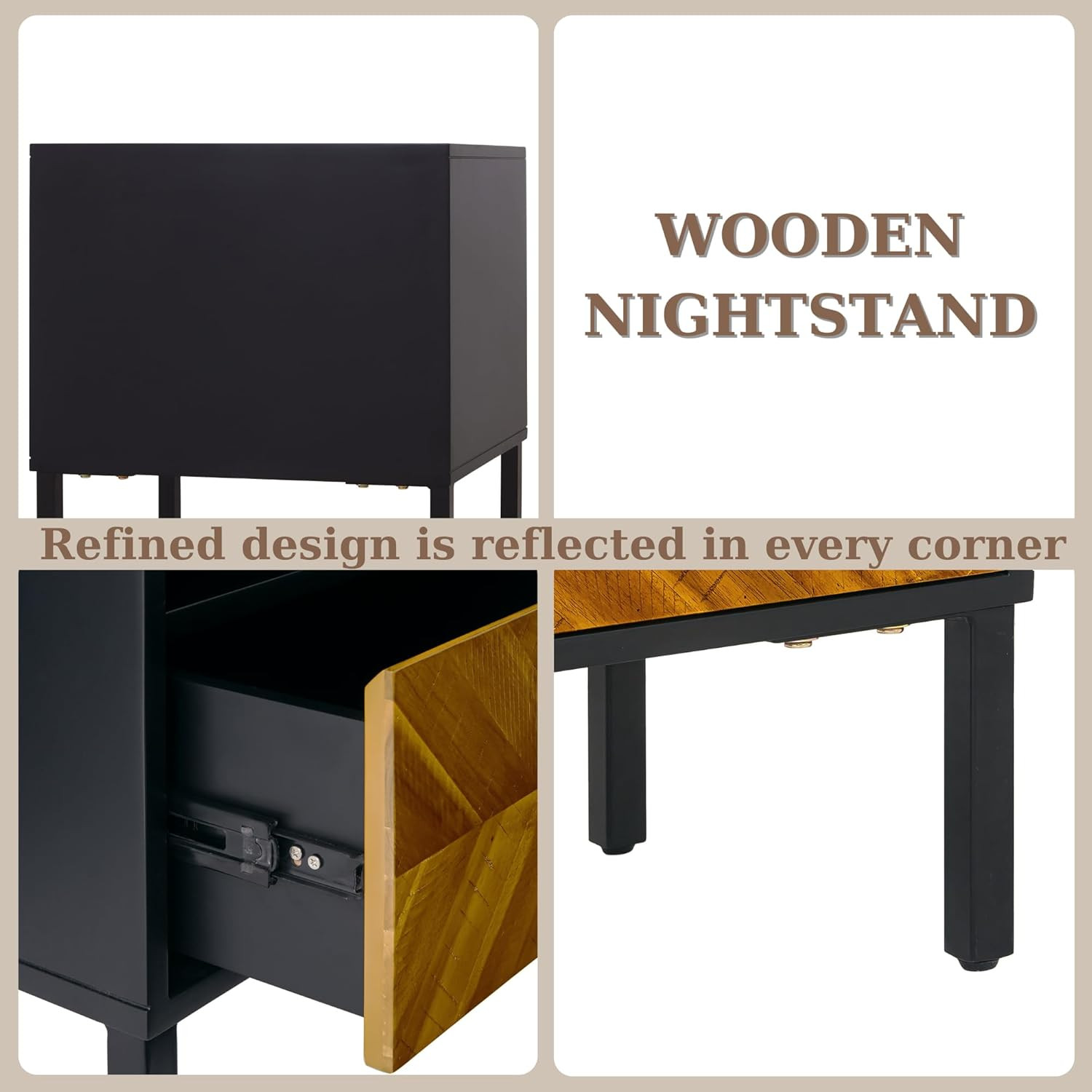 Rustic Herringbone Wood Nightstand – Easy Assembly, Golden Brown & Black Finish