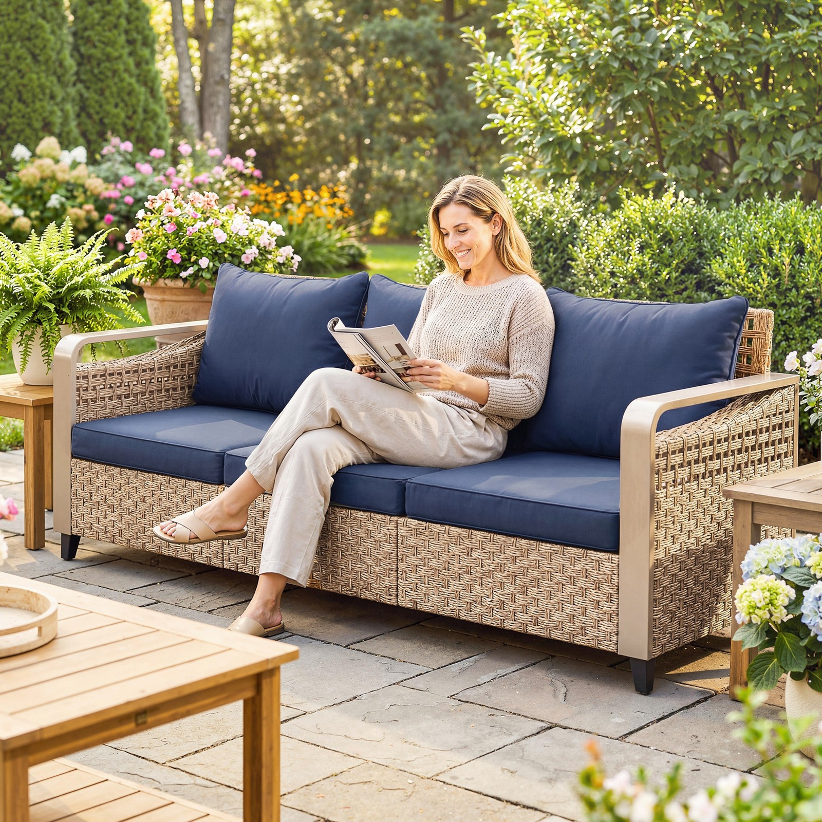Outsunny Rattan Wicker Sofa with Cushions 3-Seater, Dark Blue