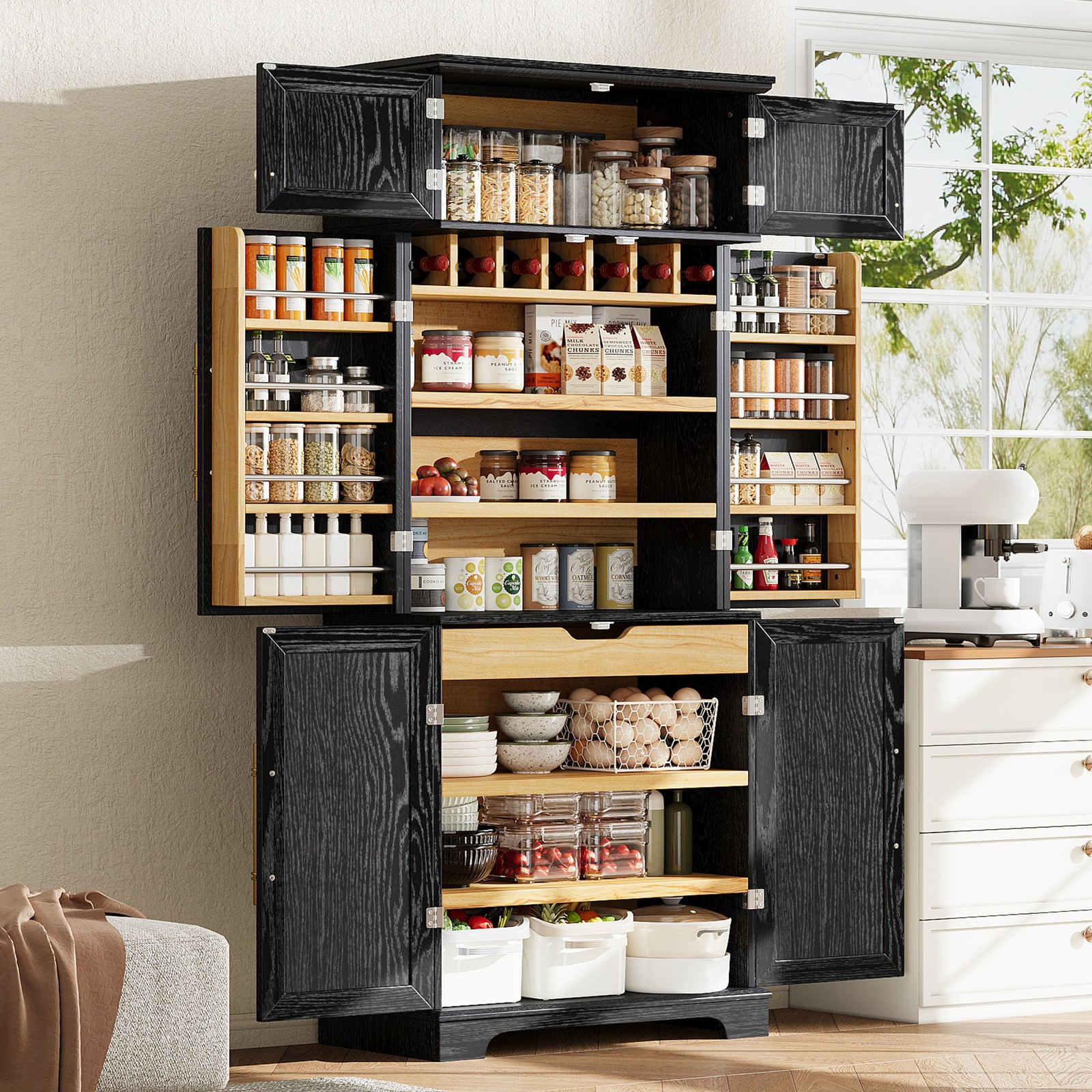 Tall 78in Farmhouse Kitchen Pantry Cabinet 31.5 W with Wine Rack Drawers