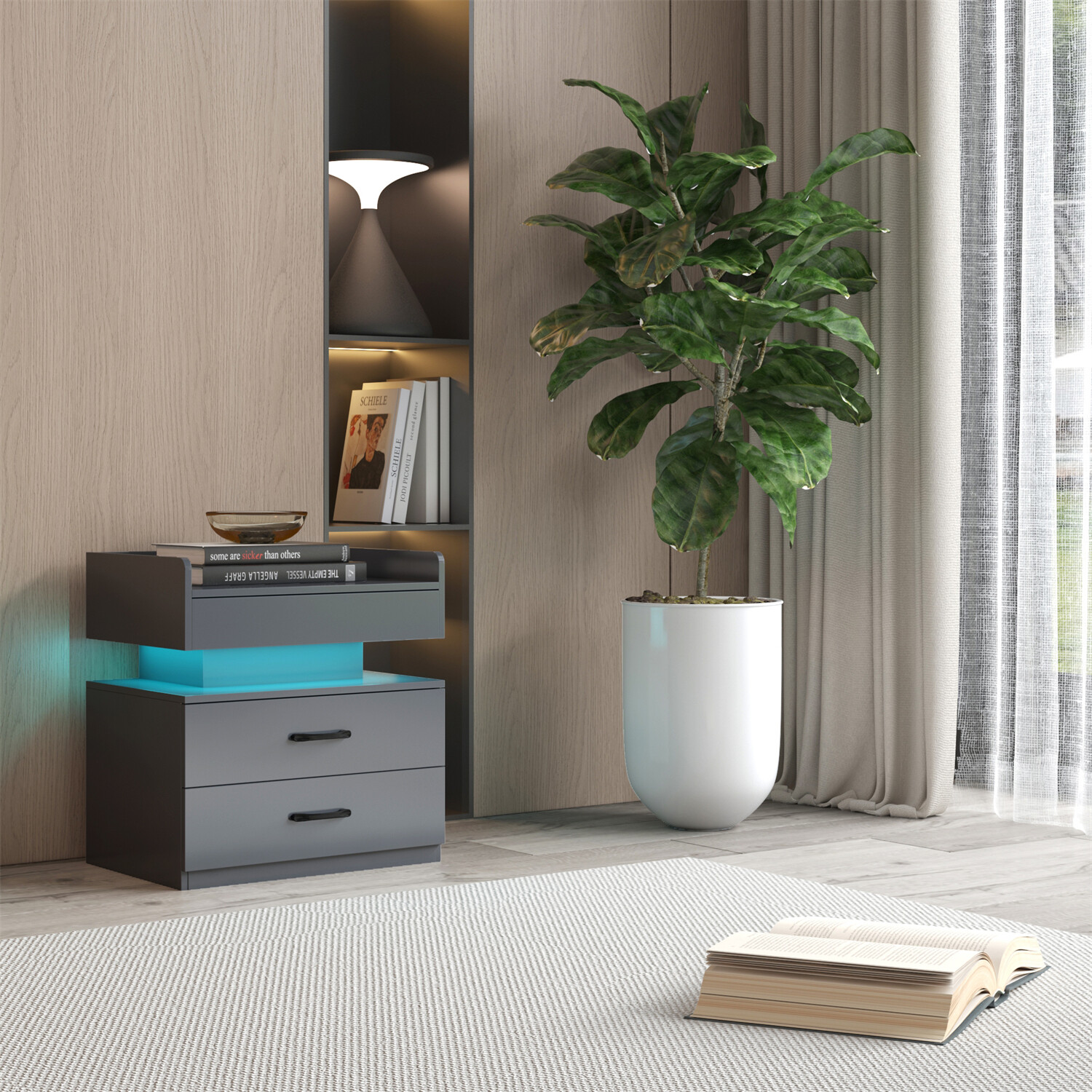 LED Nightstand Bedside Table End Table Side Table w/ 2 Drawers White/Gray/Black