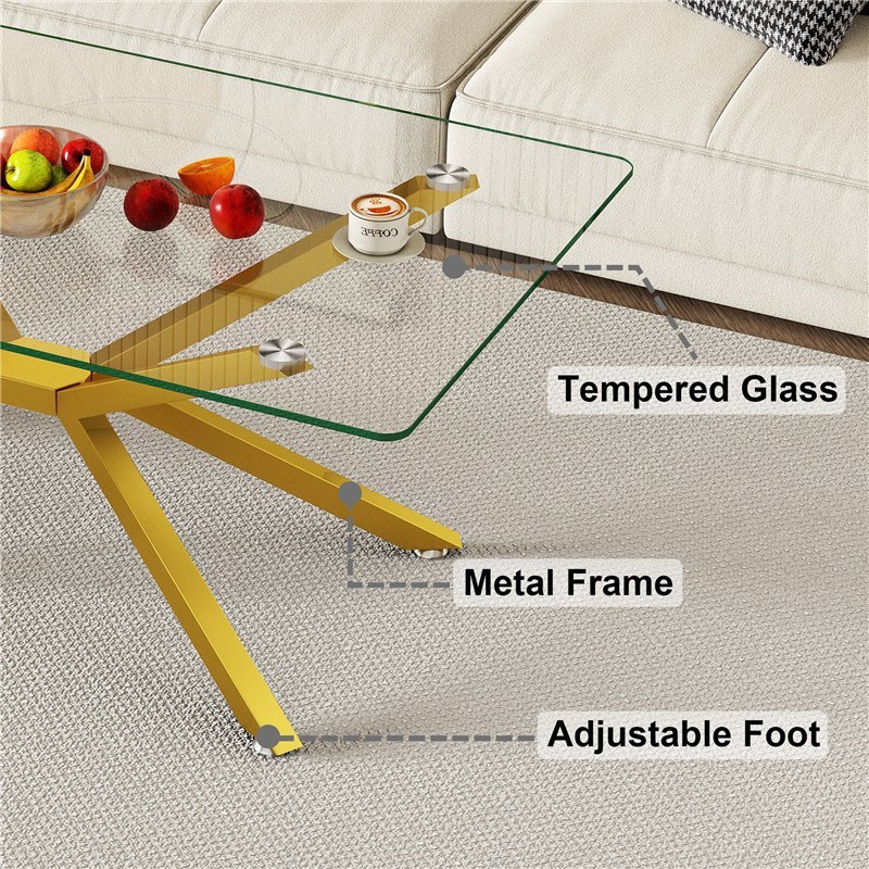 39.37″ Rectangular Clear Tempered Glass Coffee Table Metal Legs for Living Room