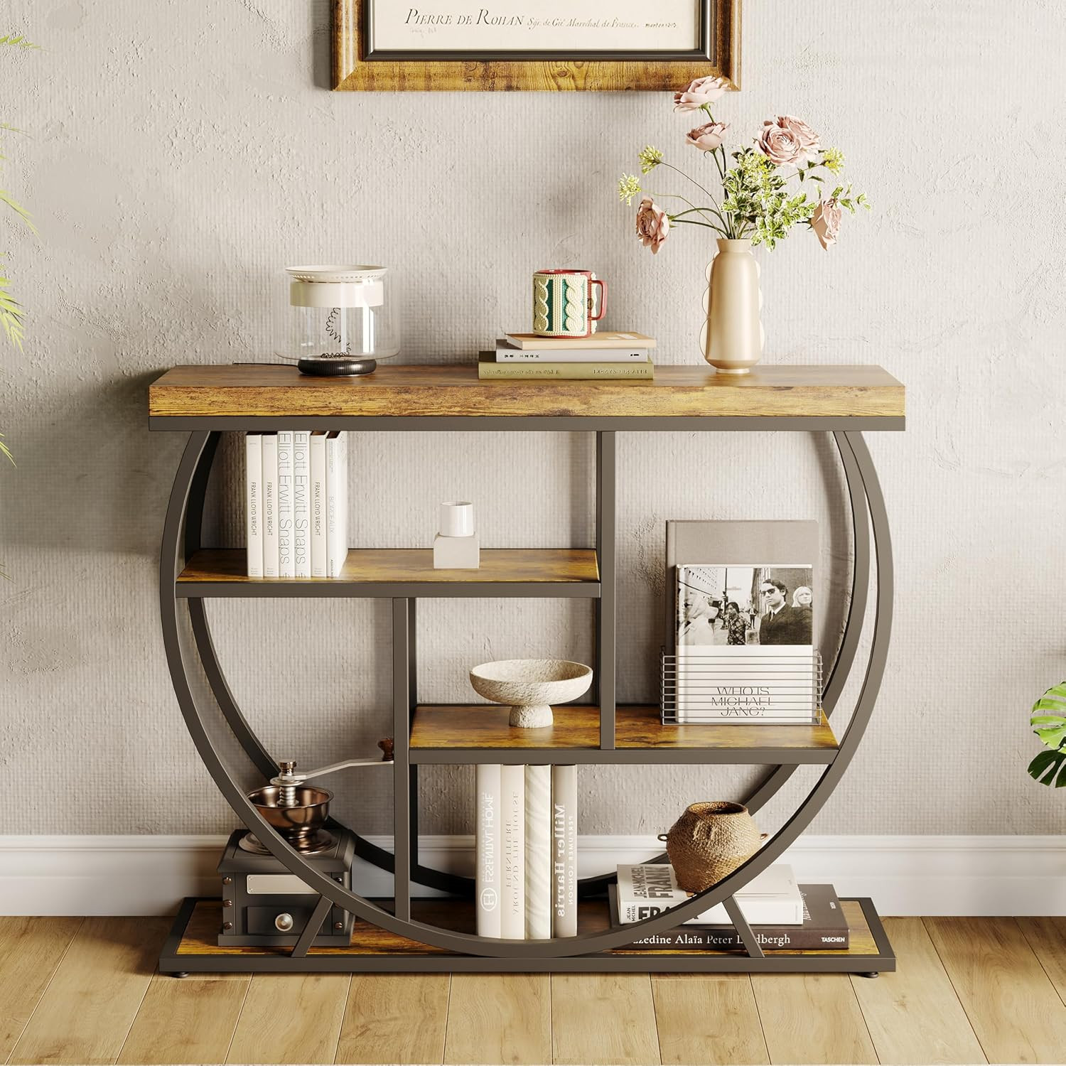 Rustic 3-Tier Entryway Table with Metal Frame and Adjustable Feet, Brown