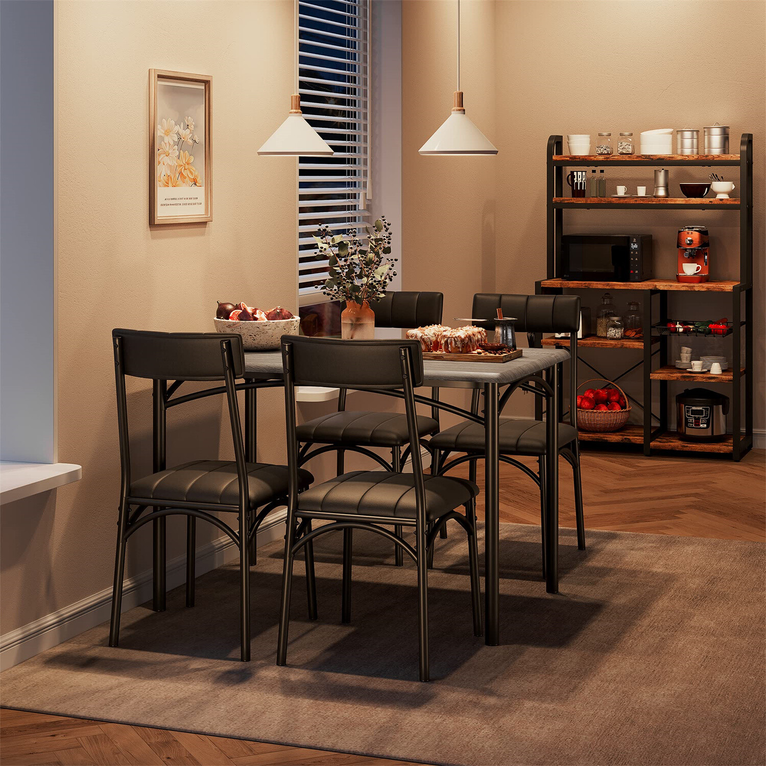 🔥Dining Table Set for 4 Kitchen Table Chairs Metal Wood Upholstered Dining Set