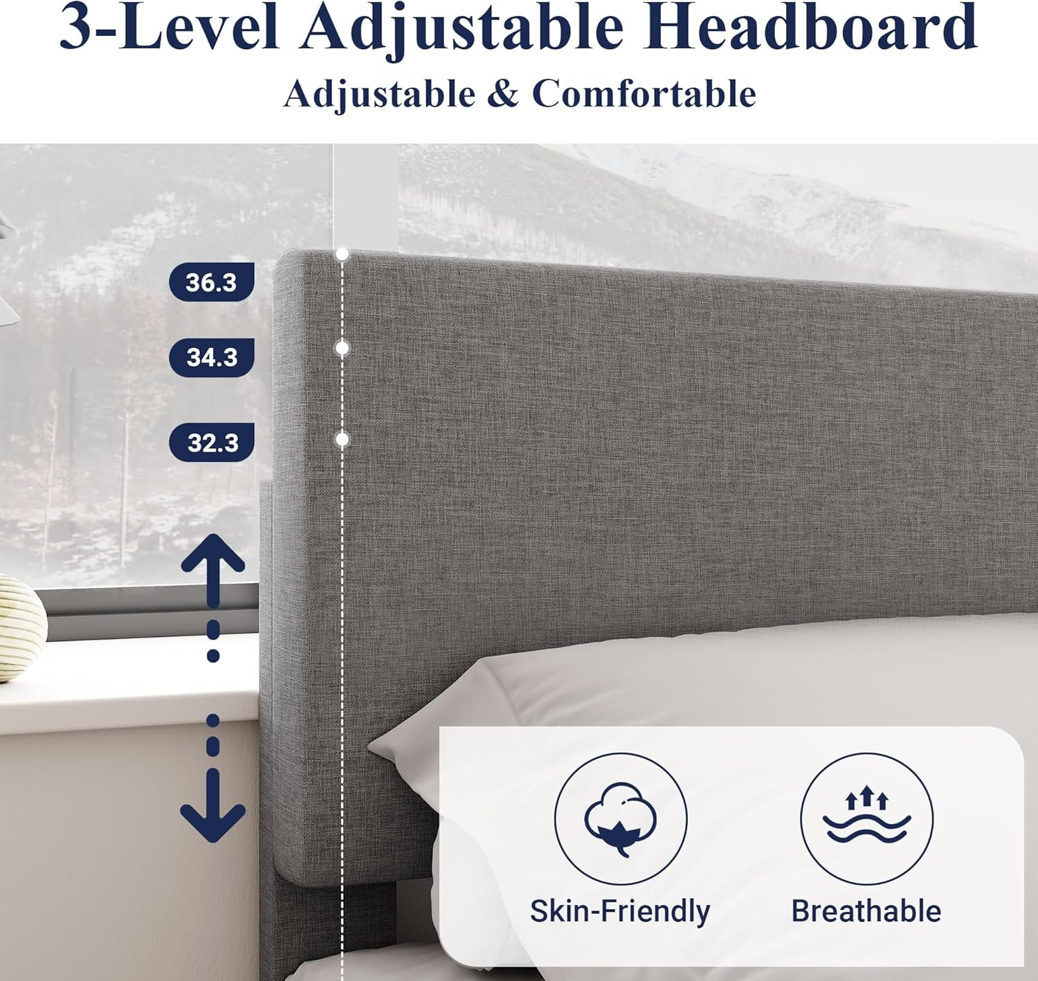 King Size Upholstered Bed Frame with Adjustable Headboard, Easy Assembly, Light