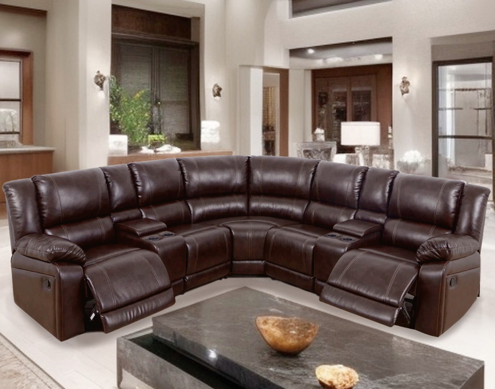 NEW Brown Leather 2-Seater Recliner Sectional w/ 4 Cupholder & 2 Console Storage
