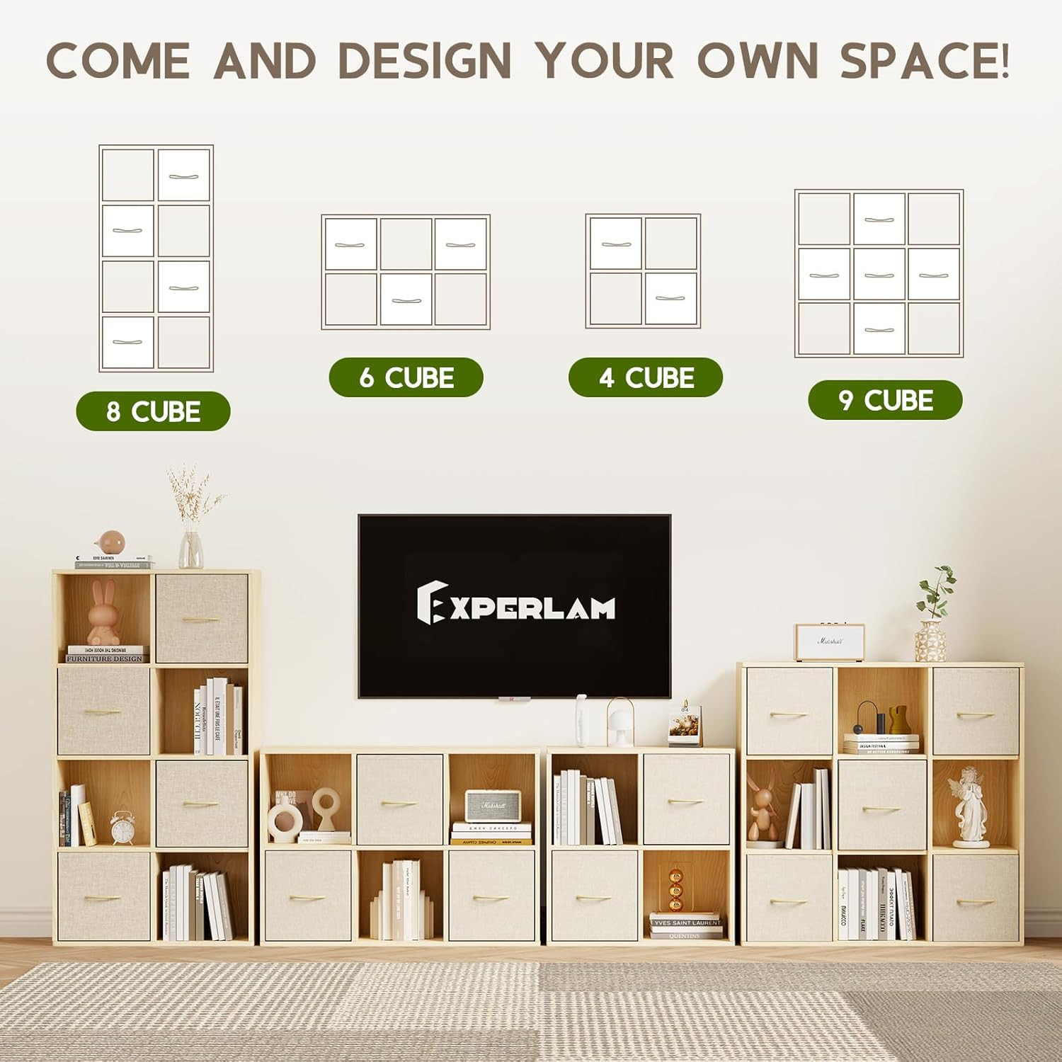 8 Cube Storage Organizer – Solid Wood Bookshelf with 4 Storage Bins, Cube Shelf