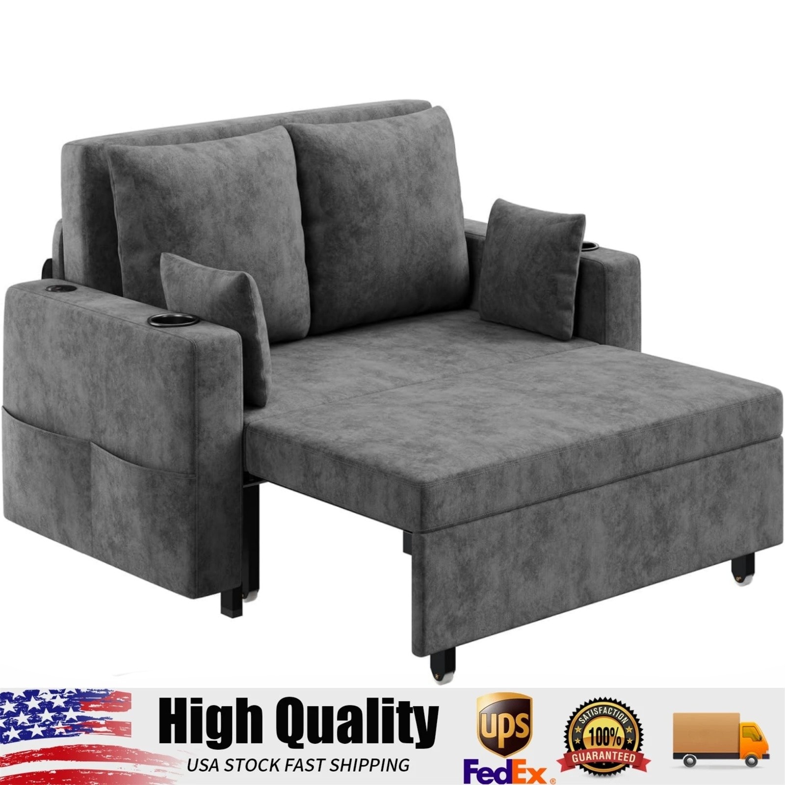 3-in-1 Convertible Sleeper Sofa Bed, Pull-Out Loveseat with Cup Holder, USB Port