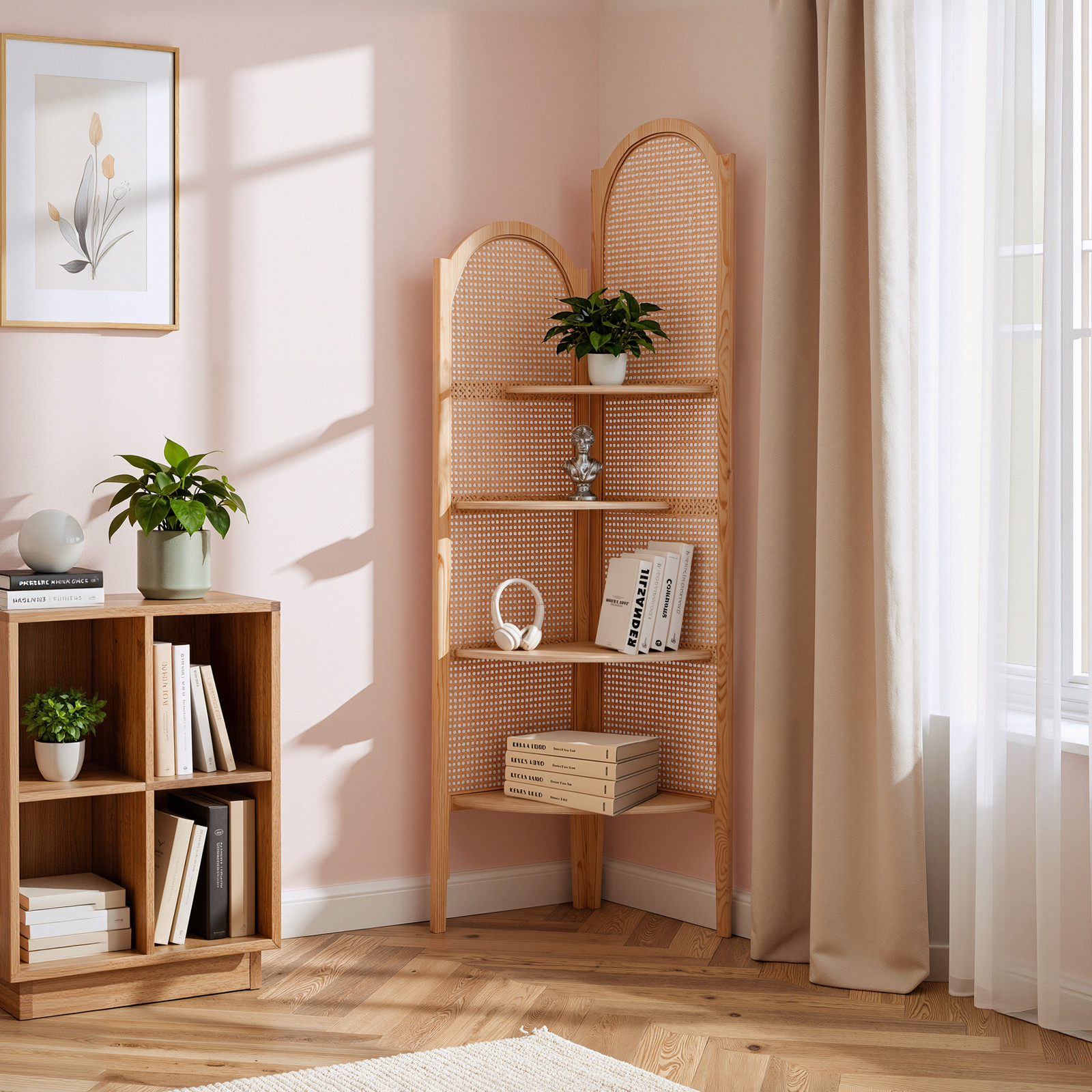 4 Tier Wood Corner Shelf Rattan Bookshelf Multi Unit Organizer Rack with Legs