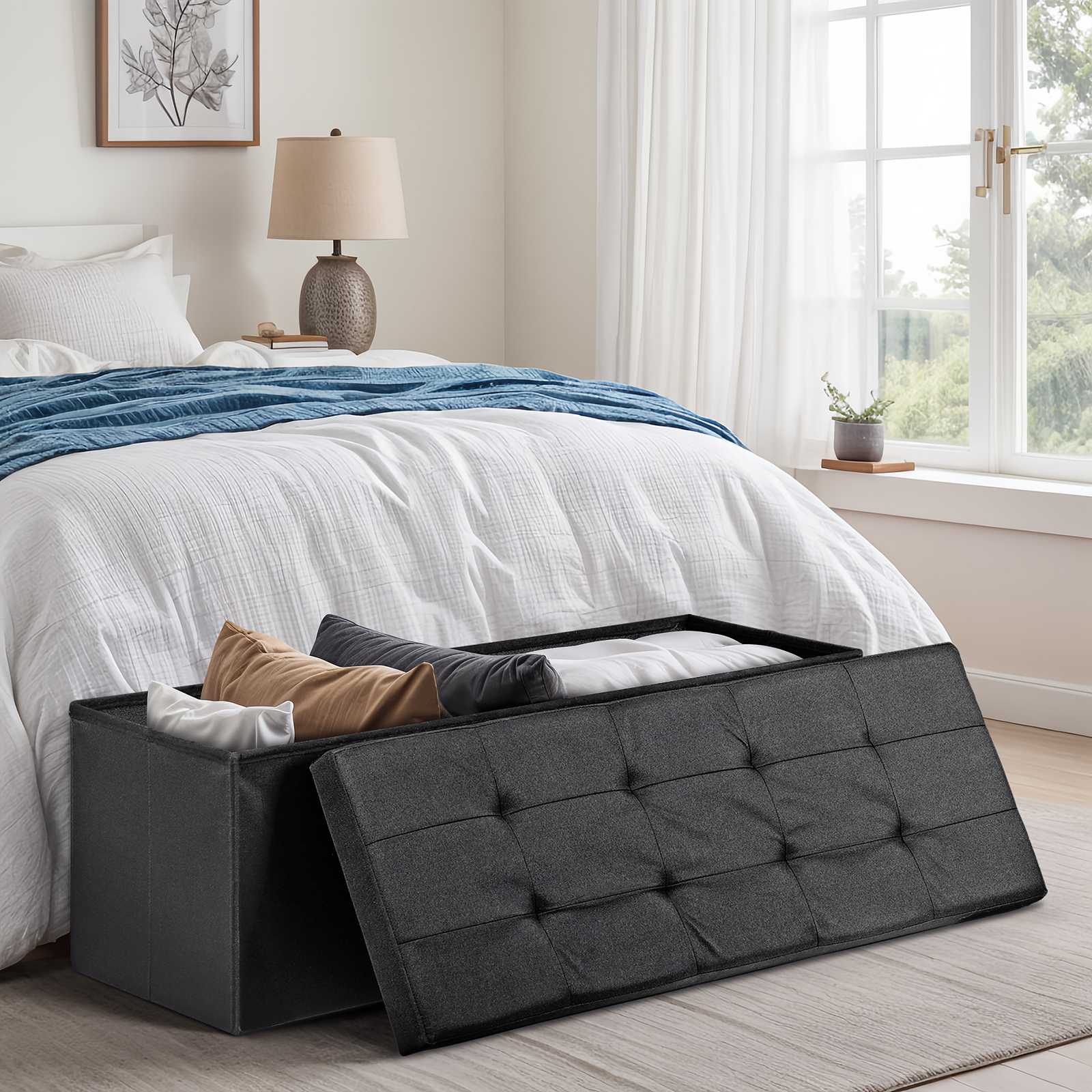 Folding Storage Ottoman Bench 43” Foot Stool Up to 660 LBS for Bedroom Black