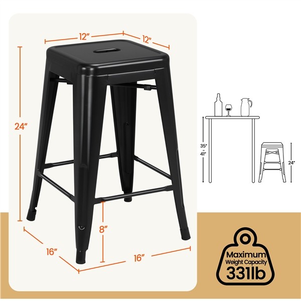 Metal Bar stools 24” Counter Height Kitchen Bar Chairs Set of 4 Stackable Black