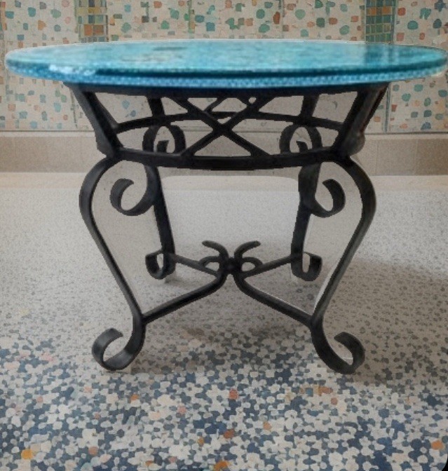 Round End & Side Table, Blue Glitter Butterfly Top, Black Metal Scroll Base