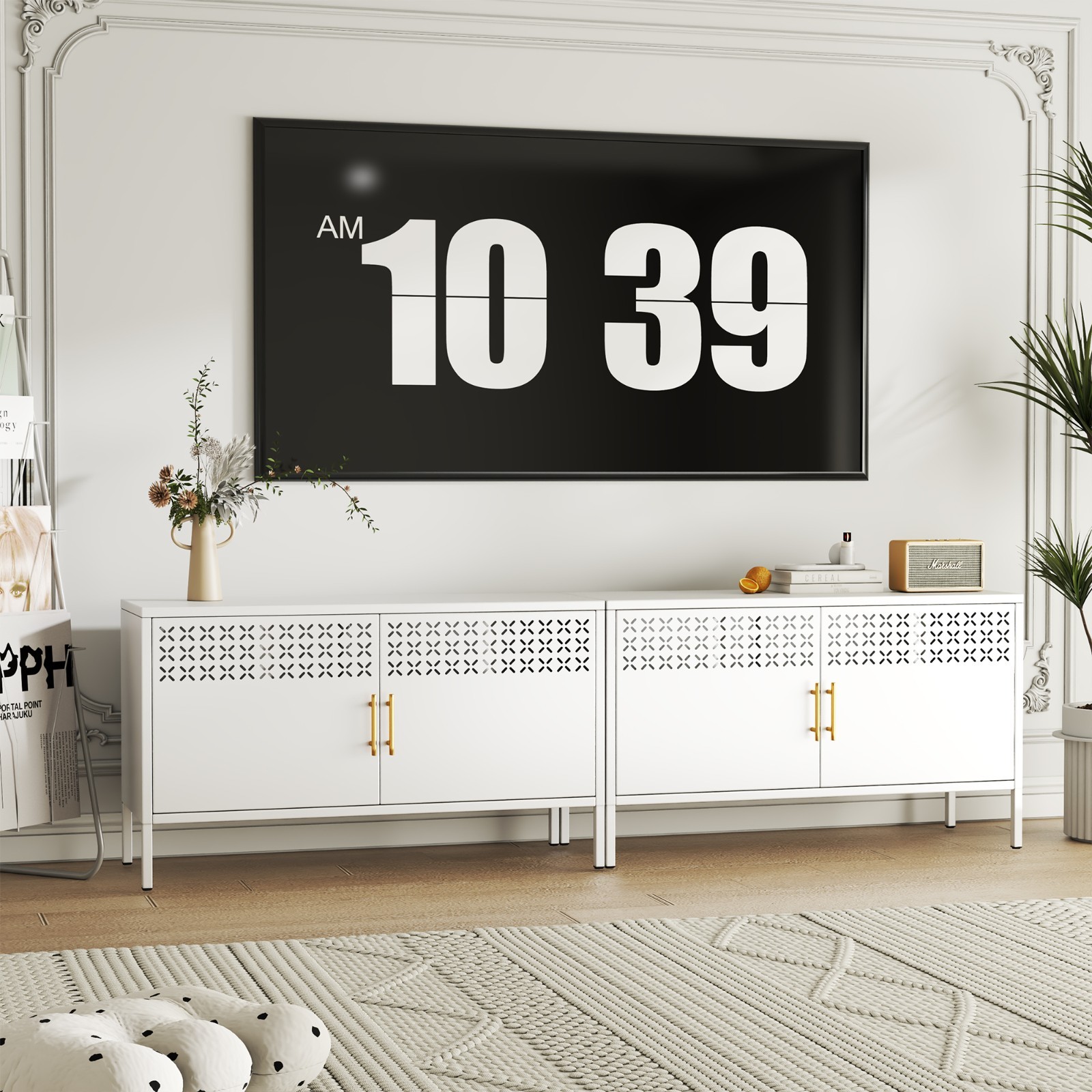 43.3″ Metal TV Stand,Shoe Storage with Adjustable Shelves,Living Room Coffee Bar