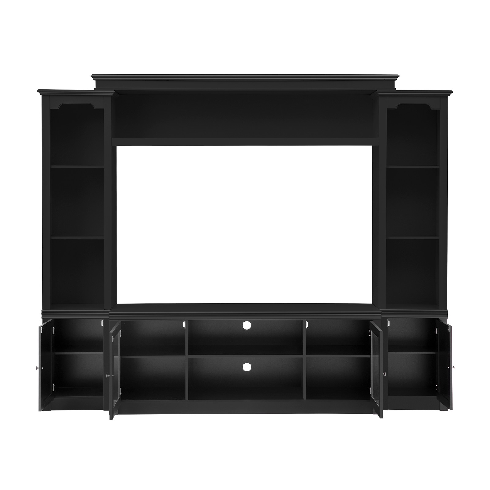 Modern TV Stand with Bookcase for TVs Up to 65″, 4 Shelves, Glass Doors