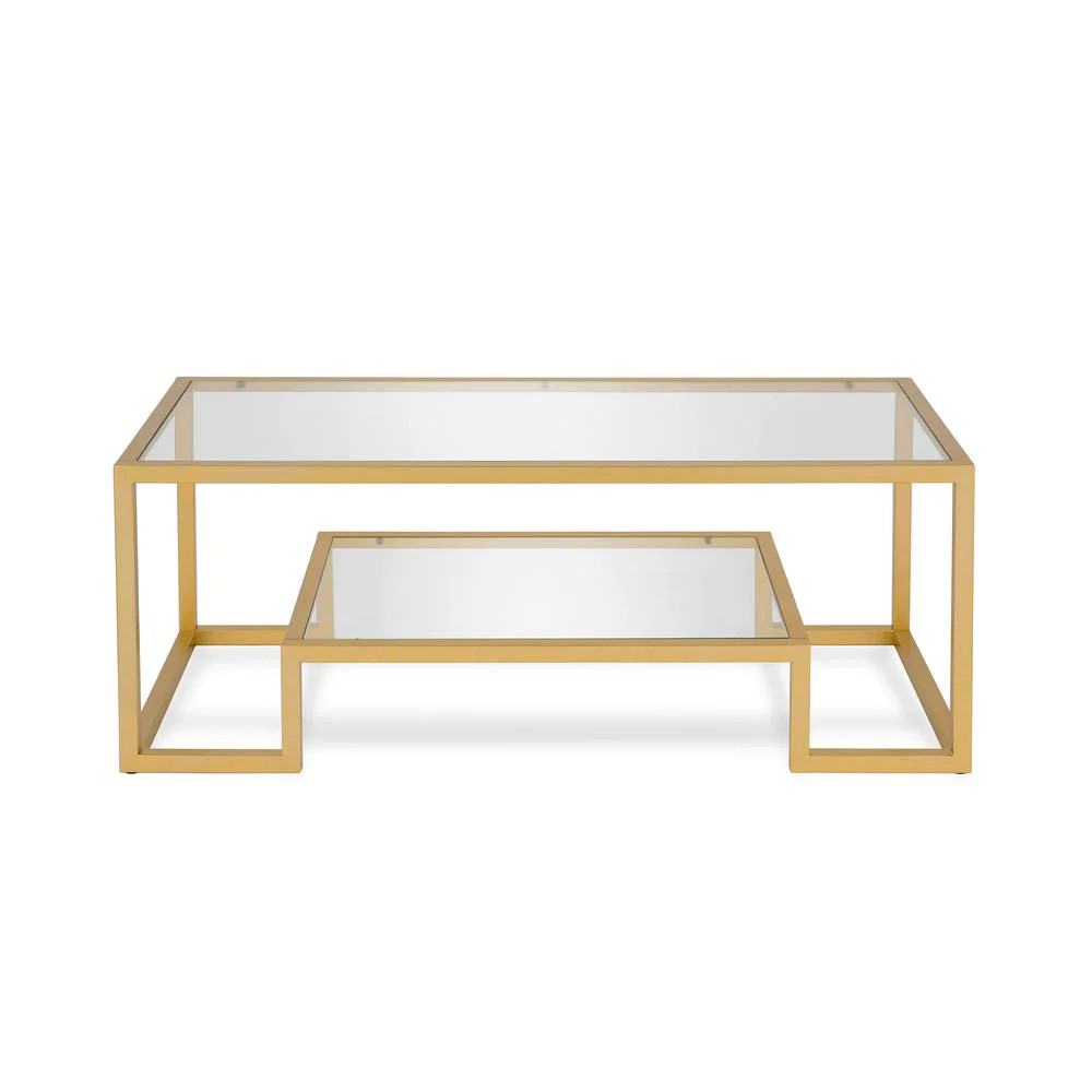 Large Rectangle Glass Coffee Table with Shelf Athena 45 in. Brass/Clear NEW