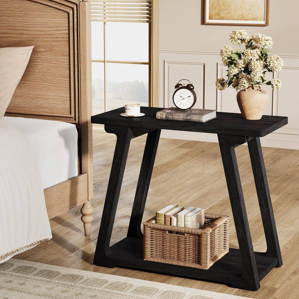 Kerlin 27.6 In. Black Rectangle Solid Wood Side Table, End Table with Shelf for