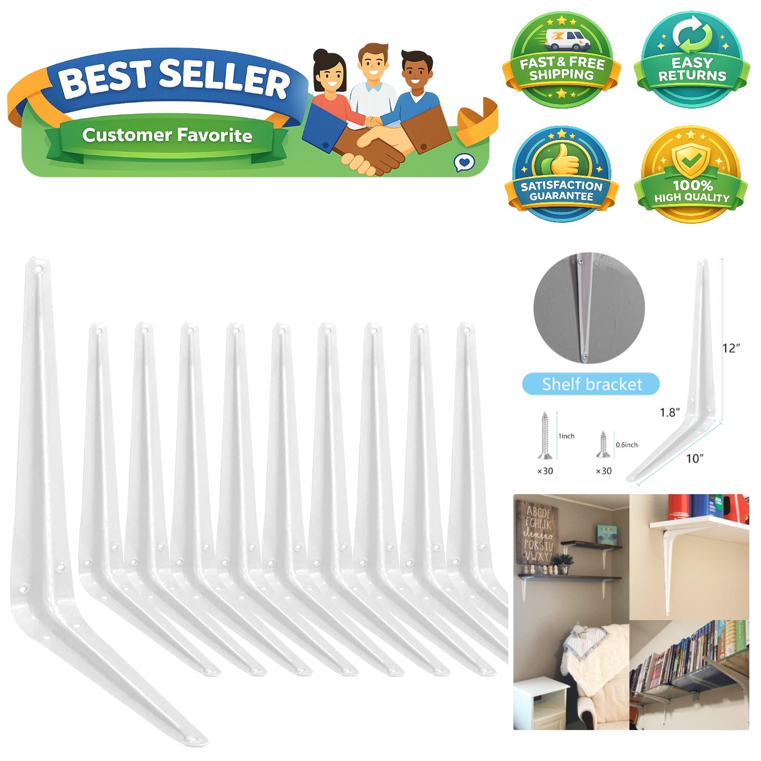 Shelf Bracket 12×10 in, 10 PCS White Shelving Brackets, L Brackets for Shelve…