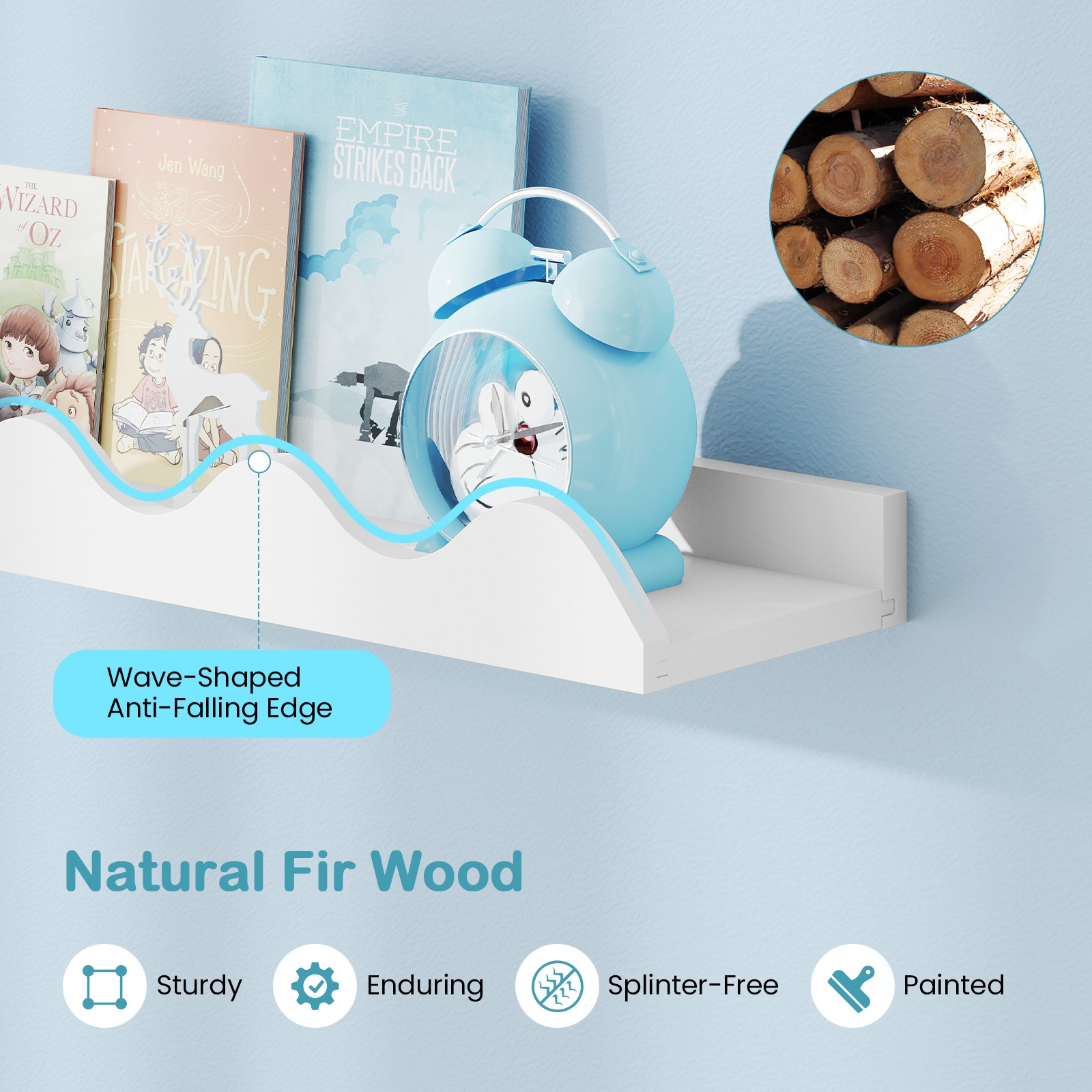 Kids Bookshelf Set of 4 with Fir Wood Structure & Wavy Anti-Falling Edge