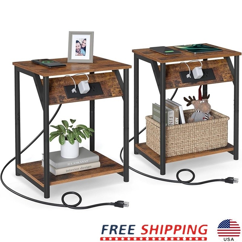 End Table Set of 2 W/ Charging Station USB Ports Nightstand Small Spaces