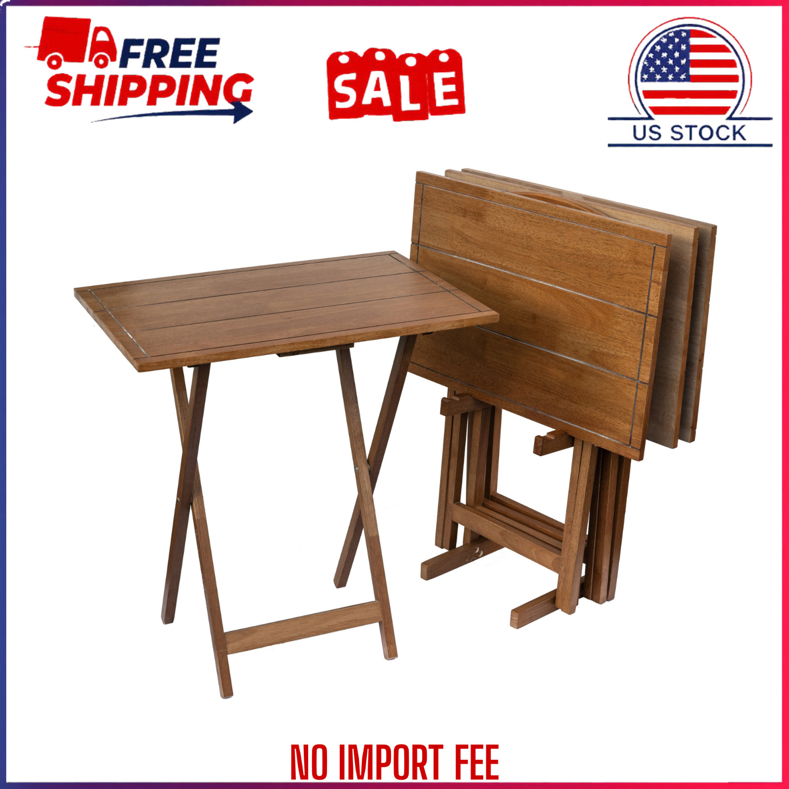 Mainstays 5Piece XL Folding TV Tray Set of 4 with Storage Rack Rubberwood Walnut