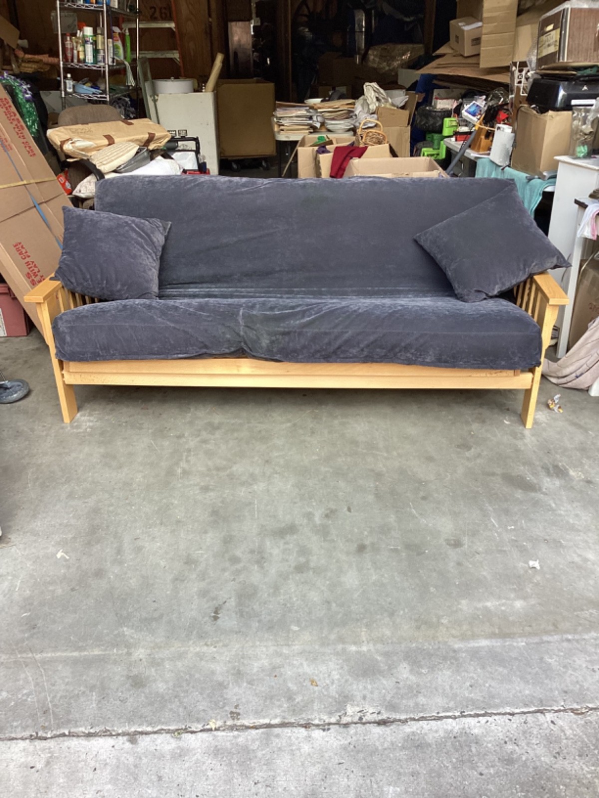 Queen Sized Futon/Bed With Gray Mattress and Matching Pillows 81”