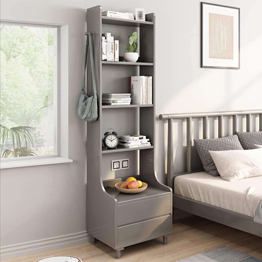 Grey Bedside Table Bookshelf – 71″ Tall Free Standing Wooden Open Shelf Bookc…