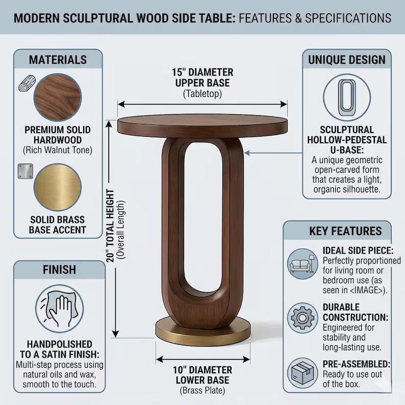 Modern Walnut Side Table with Brass Accent Handmade End Table