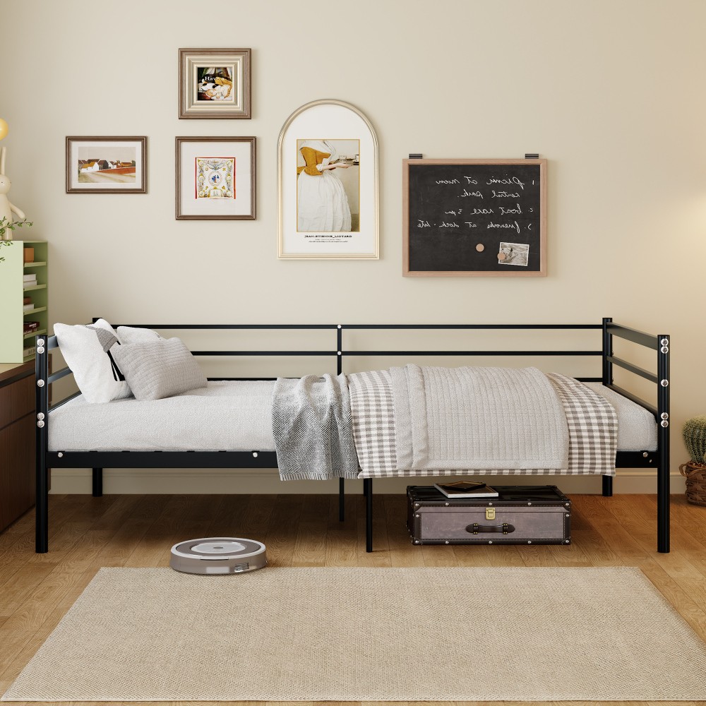 Twin Metal Loft Bed Sofa Surround Design 11.8in Safety Guardrail Space Saving