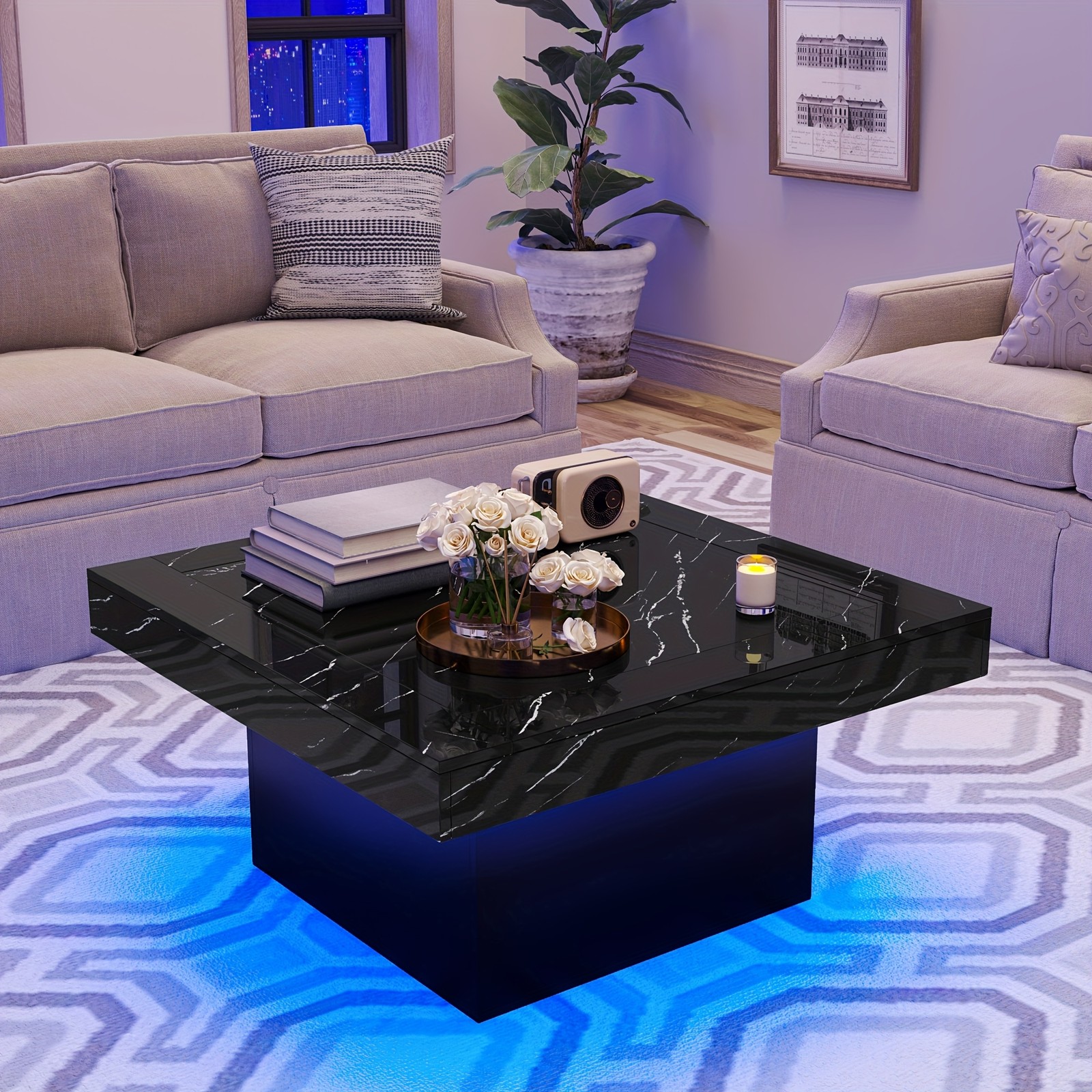 36″ Black Imitation Marble Coffee Table with LED, High-Gloss Square Center