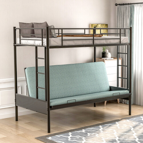 Twin Over Full Metal Bunk Beds Futon Frame Metal Sofa Bed For Kids Adults Black