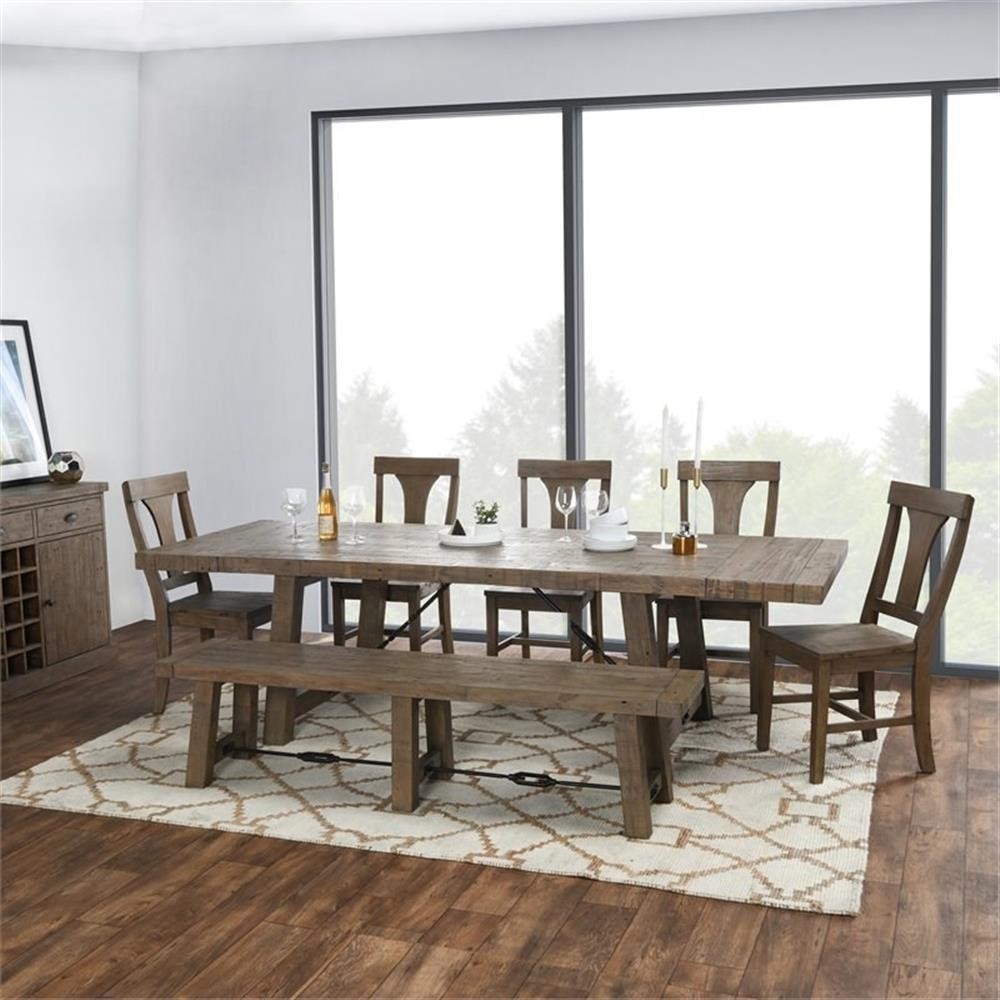 Pemberly Row 82″ Reclaimed Pine Extension Dining Table in Weathered Brown