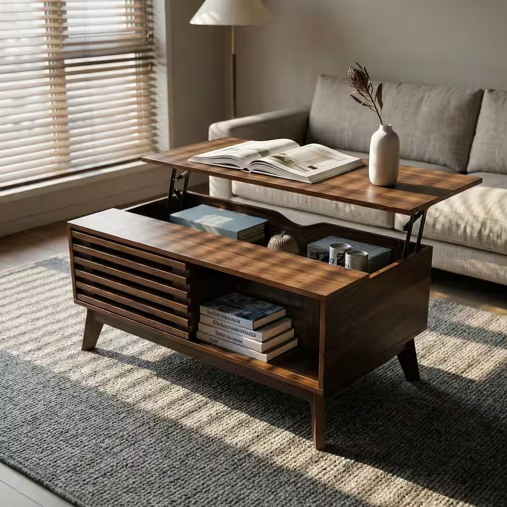 Lorvion 35.43 In. Walnut Rectangle MDF Wood Lift-Top Coffee Table with Slatted S
