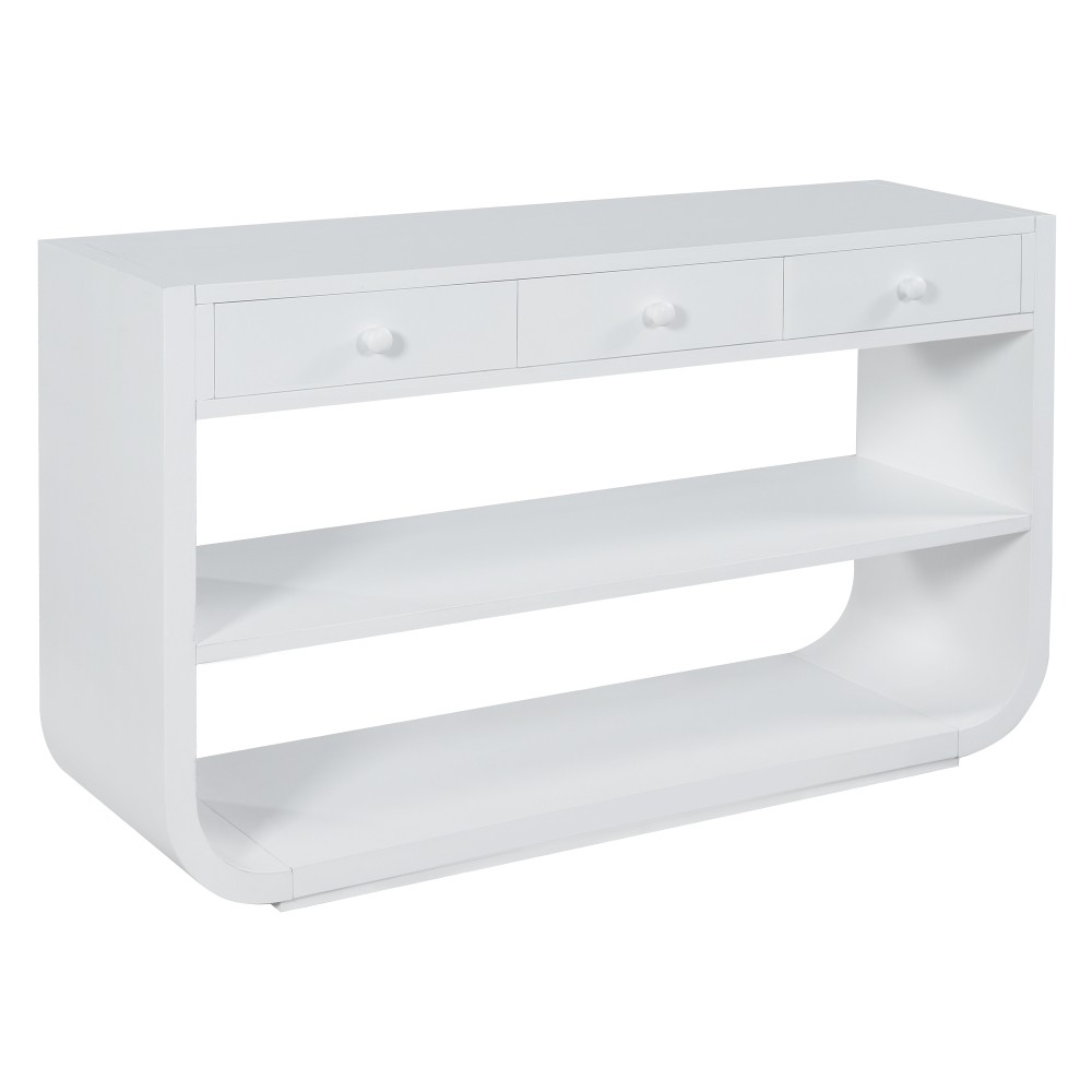 Modern Curved Console Table with 3 Soft-Close Drawers & 2 Open Shelves