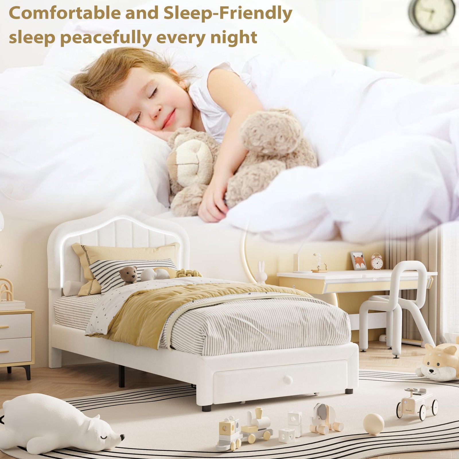 Twin Upholstered Bed Frame with Storage Drawer & LED Headboard for Kids/Girls
