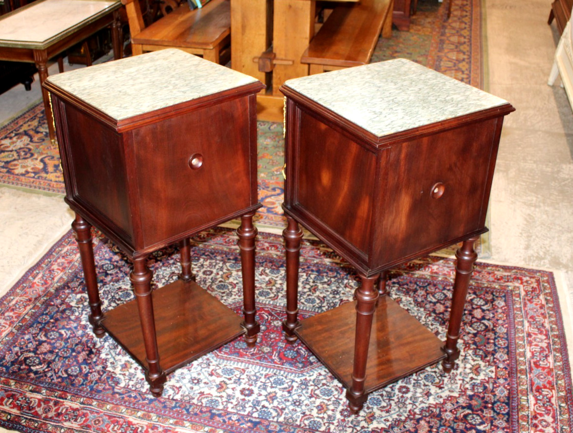 Pair of French Antique Louis XVI Mahogany Nightstands / Bedside Tables
