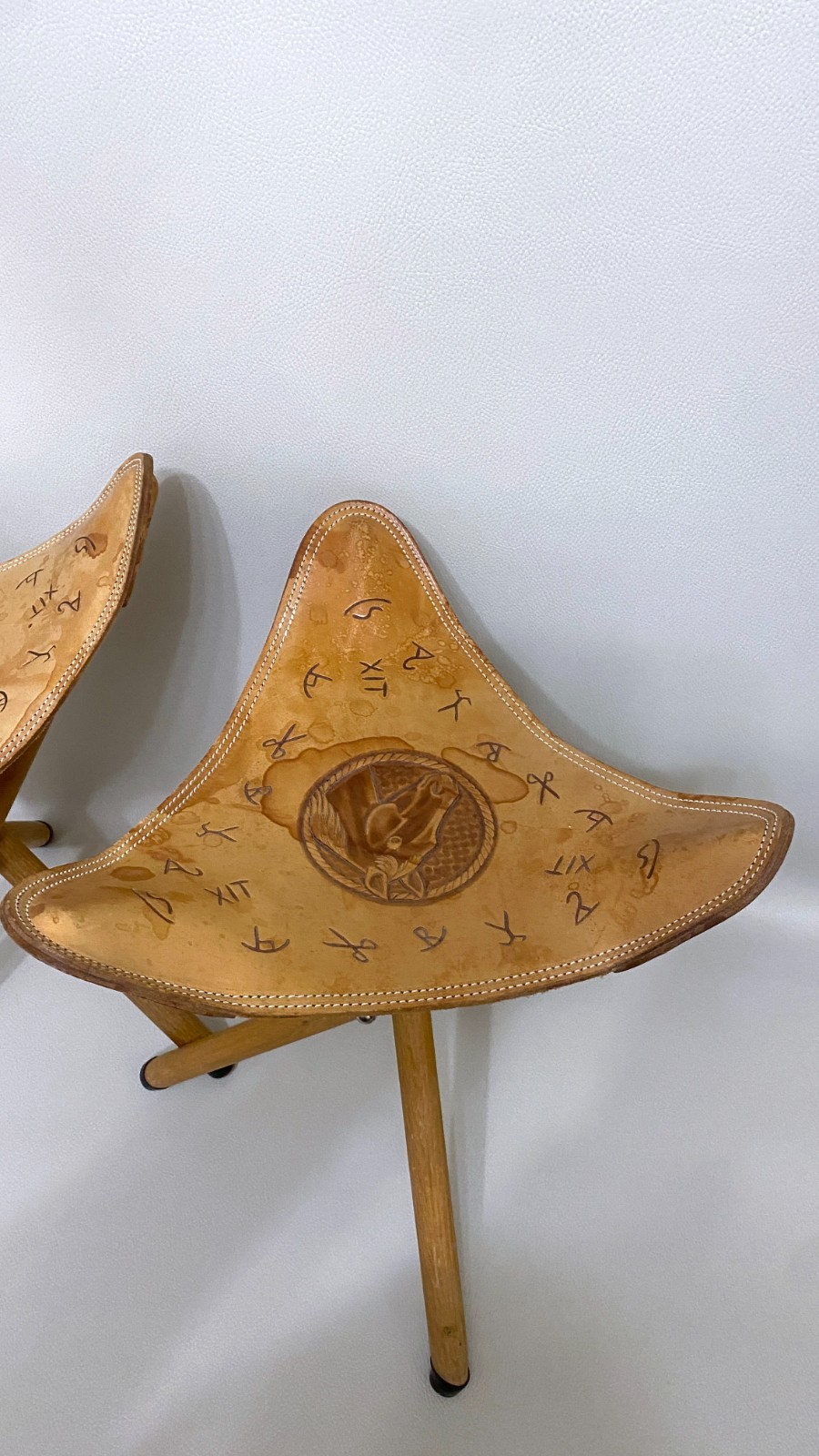Vintage Tooled Folding Leather Horse Saddle Stools Pair Handmade