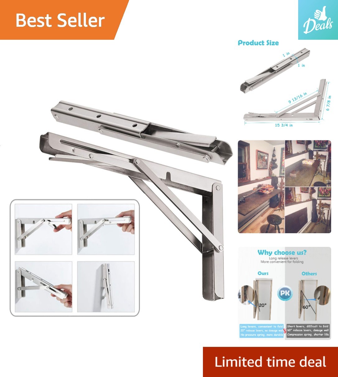 16” Heavy-Duty Folding Shelf Brackets – Max Load 440 lb, Space-Saving Set of 2
