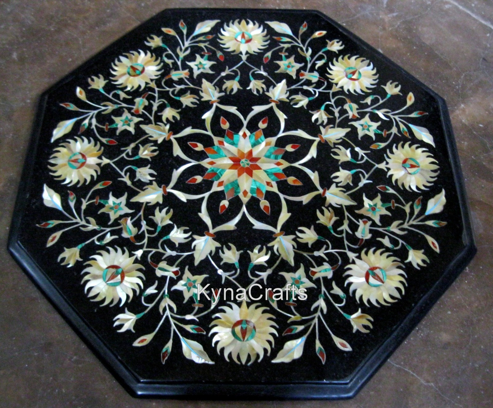 Shiny Gemstones Inlay Side Table | 15 x 15 Inches Black Marble Coffee Table Top
