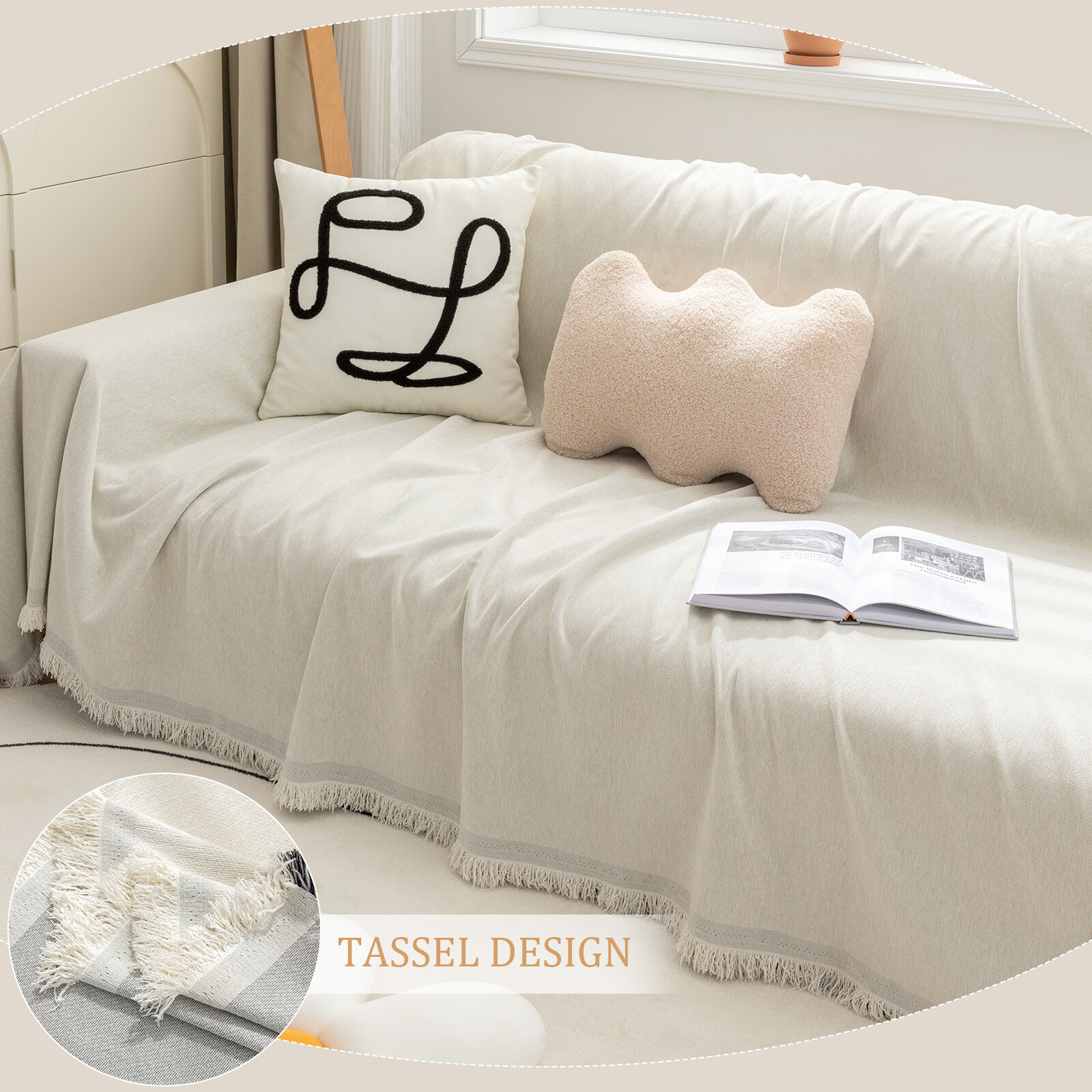 91 in Wide Extra Large Chenille Sofa Couch Cover Soft Couch Blanket Tassel Edge