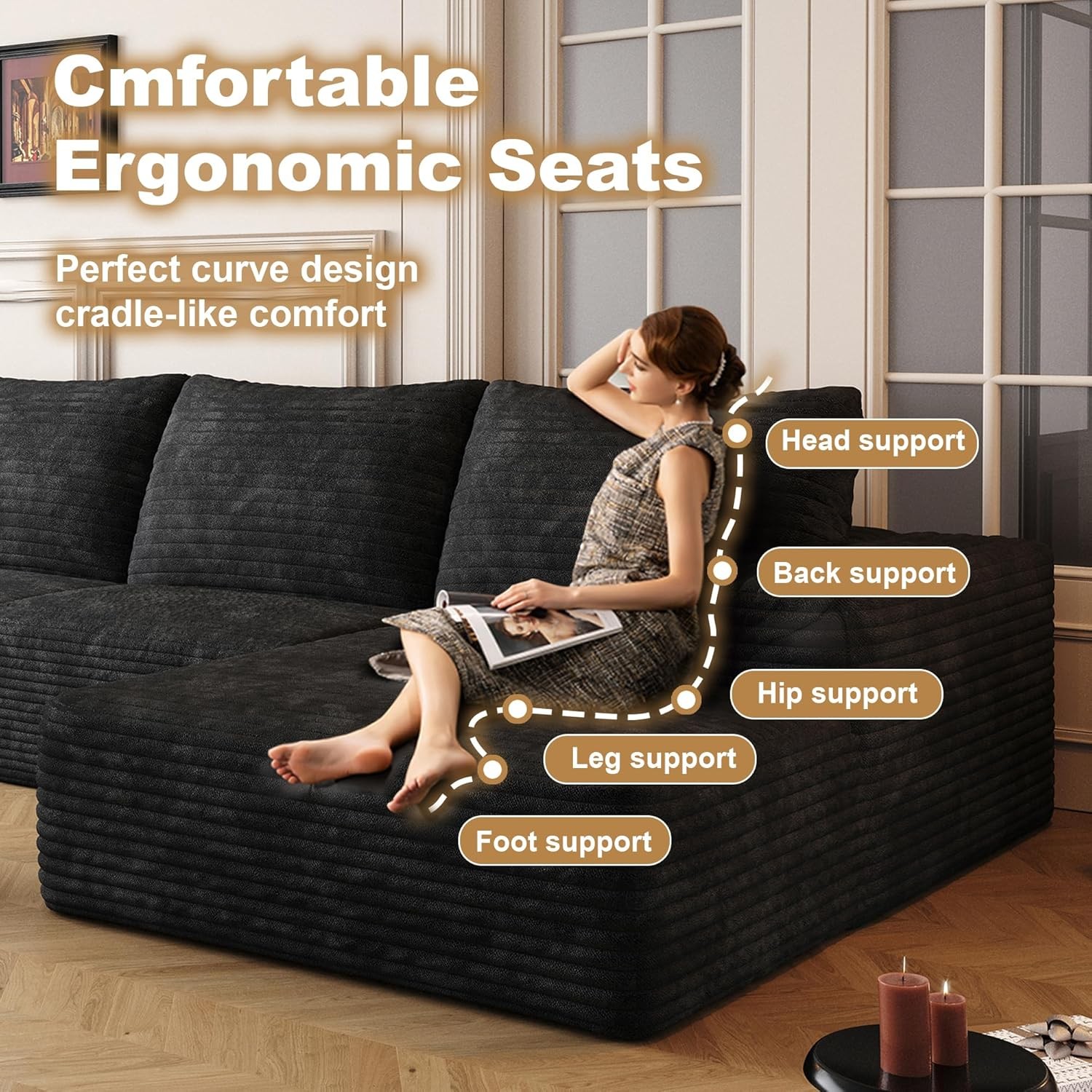 135″ Oversized U Shaped Modular Sectional Sofa Corduroy Deep Seat Couch