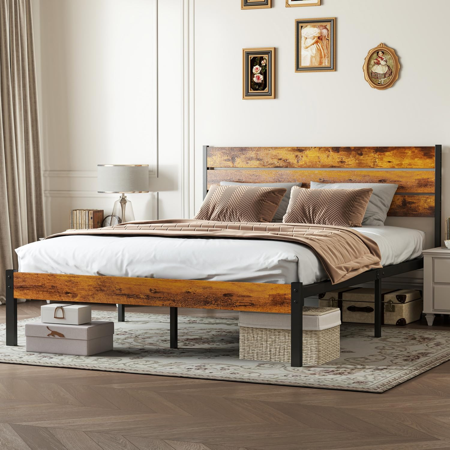 Stylish Brown Queen Metal Bed Frame with Headboard & Under-Bed Storage