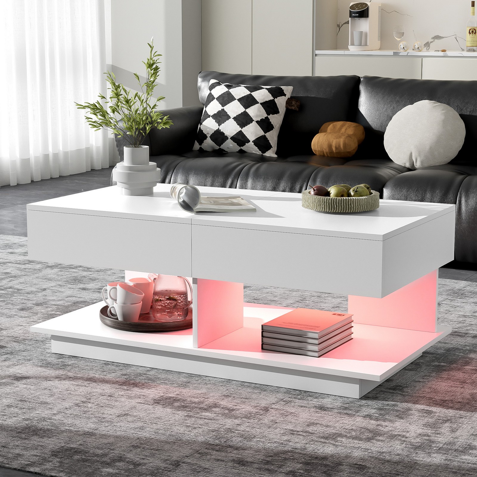 41-77″ Extendable Coffee Table Hidden Storage Compartment Center Table LED Light