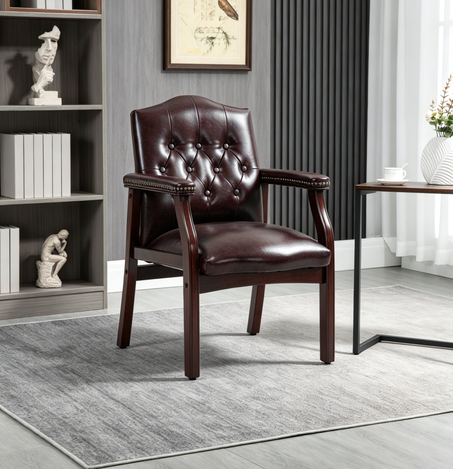 Mid-Century Faux Leather Accent Chair Armchair With Tufted Back Nailhead Armrest