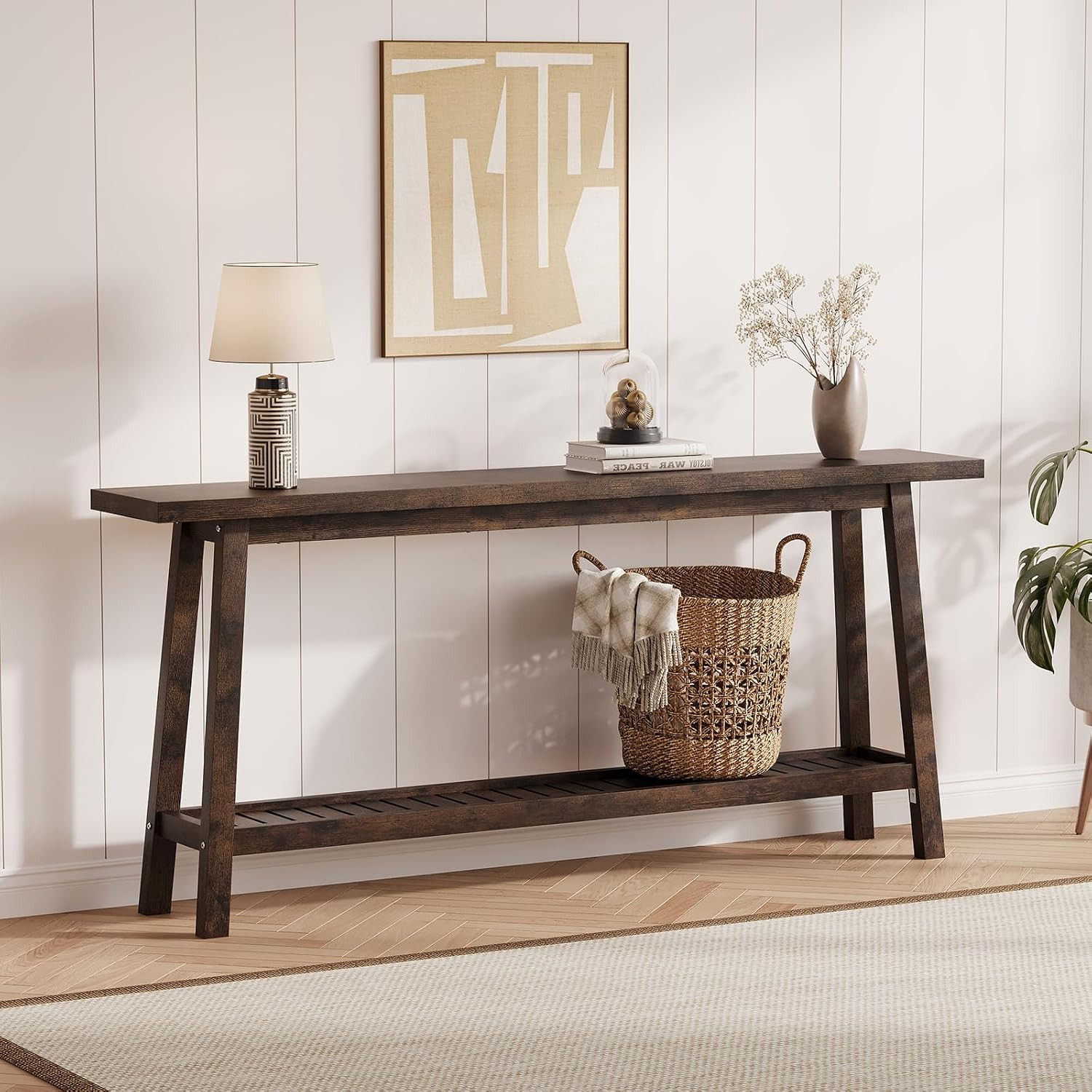 70.9″ Rustic Brown Console Table – 2-Tier Industrial Sofa Table for Entryway
